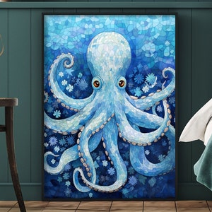 Whimsical octopus art, Sea life illustration for kids bathroom nautical style, Blue wall art for coastal aesthetic, Large canvas prints