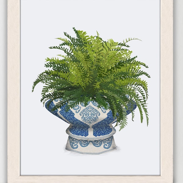 Fern plant in chinoiserie pot, Botanical home decor made in UK, Eastern style wall art framed or unframed, Minimalist art dining room