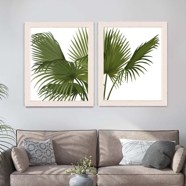 Tropical Decor - 2 print set Fan Palm Green on white - Tropical Leaves tropical print botanical print wall art beach house tree hawaii