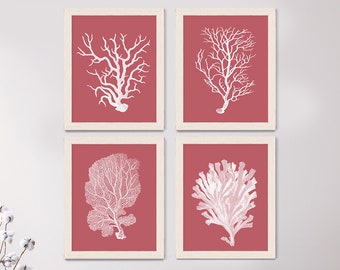 Coral Prints - White on Coral Set of 4 Nautical Print Nautical Decor Coral print coral decor coral art Nautical Wall Art Nautical Art