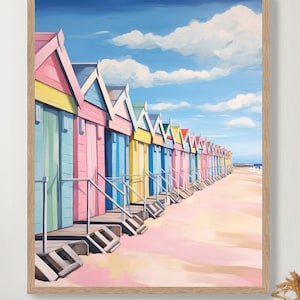 Beach hut wall art print, Colourful beach cabin art, British beach hut decor, Coastal cottage decor, Modern seaside style poster or canvases