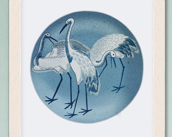 Oriental plate art, Chinoiserie print blue & white crane bird trio design, Hamptons style Chinese decor, Large canvas wall art dining room
