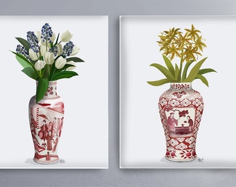 Chinese gallery wall art set of 2 prints for interior styling, vibrant flowers in intricately decorated oriental red Chinoiserie vases