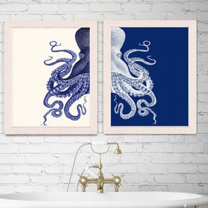 Bathroom Decor 2 Octopus Prints NAVY Blue /Cream Nautical Decor bathroom wall decor Octopus Wall Art Octopus Decor home Decor Bathroom wall