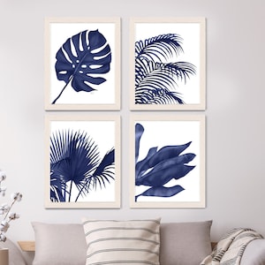 Tropical Decor Tropical Leaves 1, Blue on White tropical prints palm leaf tropical art palm print tropical wall art blue art print image 1