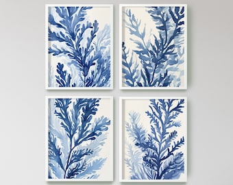 Ocean Botanics Wall Art Set of 4 Blue Seaweed Coastal Canvas Art Watercolour Style Nautical Illustrations for Tranquil Home Decor