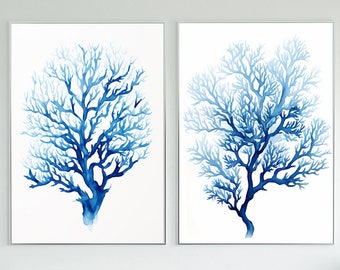 Blue Coral Wall Art Set of 2 Watercolour Style Ocean Botanical Prints, Minimalist Coastal Living for Hamptons Decor or Nautical Bathroom Art