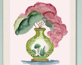 Impression de chinoiserie florale, art abstrait de vase de chinoiserie en vert et rose, art mural contemporain pour la décoration de chambre orientale, grande impression sur toile