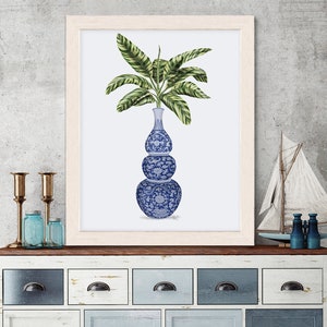 Arte chinoiserie moderno - Jarrón chinoiserie 7 con planta - Decoración del hogar del este de Asia Arte de pared para comedor Póster de hojas tropicales de estilo sureño
