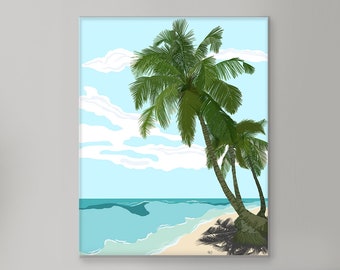 Beach art print, Retro beach poster, Tropical beach art, Palm trees picture, Beach house gift, Summer art prints, Gift for surfer, Canvas