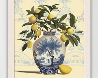 Art chinoiserie de citronnier, imprimé botanique de vase oriental bleu et blanc avec des feuilles de citronnier, art sur toile ou imprimé encadré pour maison de campagne