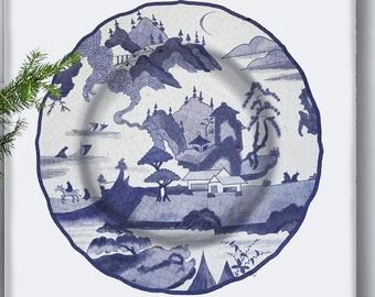 Impression de plaque asiatique, conception de scène de temple bleue et blanche, art mural chinois pour décoration de chambre orientale, art encadré ou impression sans cadre grand petit