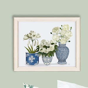 Chinoiserie vazen, Blauw en wit, Botanische prenten, Chinese muurkunst, Hamptons stijl, Bloemsierkunst prenten, Peonie lelie anjer, Canvas kunst afbeelding 1