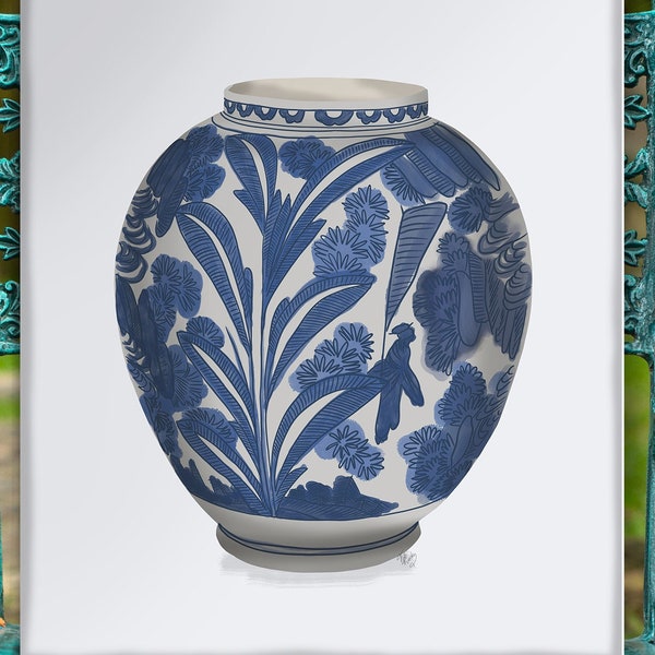 Ginger jar print, Blue & white illustration of a oriental pot with a palm leaf design, Chinoiserie decor for Hamptons home print on canvas