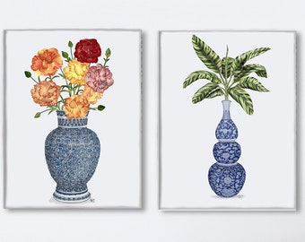 Chinoiserie wall art Variegated ginger & colourful carnation flowers in blue Chinese porcelain vase wall prints set of two oriental pictures