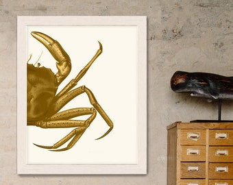 Crab Print, Mustard on Cream - crab art gold art print Nautical print beach decor wall decor marine painting nautical picture bathroom decor