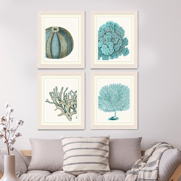 Set of 4 Blue Coral & Sea Urchin Prints - Nautical Print nautical decor Art Illustration nautical Poster beach house decor nautical wall art
