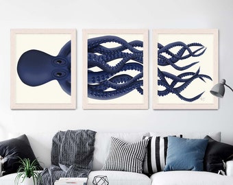 Giant Octopus Print Blue Octopus Triptych Set of 3 - octopus poster Giclee poster nautical decor Octopus wall art home decor