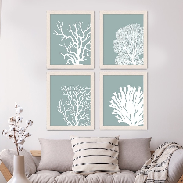 Set 4 Coral Prints Mist Blue/Green, Nautical print nautical Poster coral art Wall Art Wall Decor Wall Hanging beach house bathroom poster