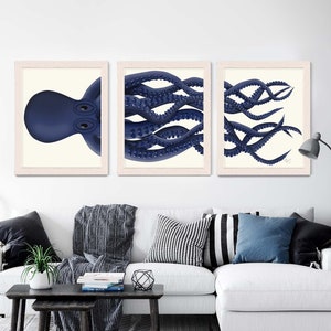 Giant Octopus Print Blue Octopus Triptych Set of 3 - octopus poster Giclee poster nautical decor Octopus wall art home decor