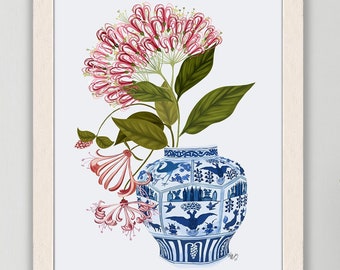Cinchona flower in blue & white vase, Chinoiserie vase print framed or unframed, Chinese botanical wall art made in UK by Fabfunky home art