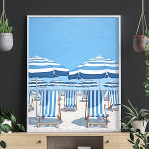 French Riviera scene, Retro beach umbrella, Modern coastal art, Blue and white decor, Summer beach club decor Vintage parasol wall art print image 2