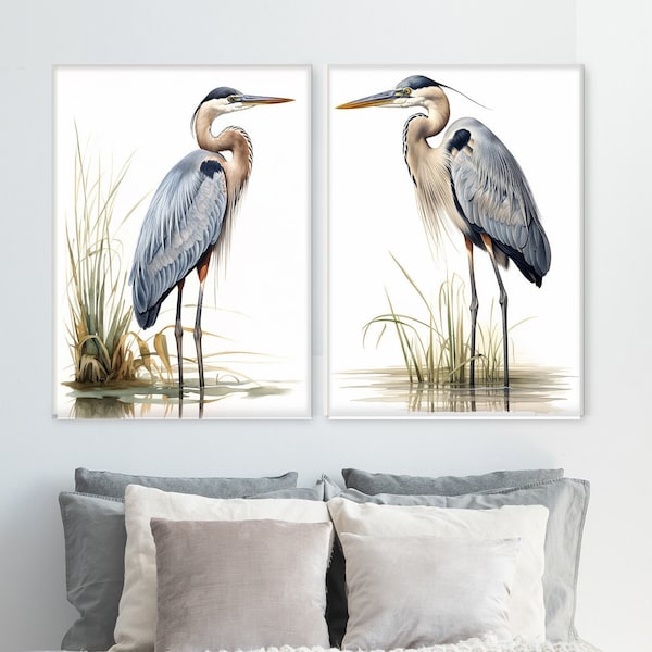 Great Blue Heron Set of 2 Bird Art Prints, Coastal Canvas Prints for Lake House Home Decor, Tranquil Nature Prints on Minimalist Background