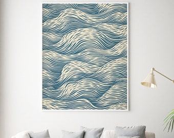 Art mural vague de plage, vagues abstraites de la mer en bleu sarcelle et crème, impression style lino pour une vie côtière néo-rétro, poster sans cadre, encadré ou toile