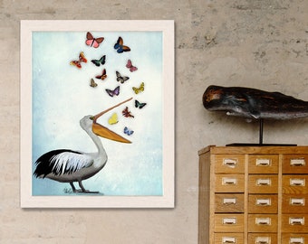 Pelican & Butterflies Pelican Print Nautical print sea picture beach house decor wall decor beach decor nautical decor pelican print picture