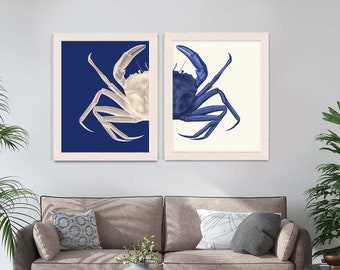 Blue Crab Prints - Navy Blue Set of 2 Crab art Nautical Art Prints Nautical Print Beach Decor bathroom Decor Nautical Decor Wall Beach House