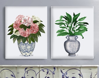 Asian inspired set of two wall art Aspidistra plant & peonies flowers in blue porcelain vases, Chinoiserie Framed art or print on canvas