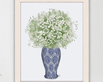 Chinoiserie vase art, Botanical print of gypsophila flowers in a blue and white oriental vase, Framed art for country home or Eastern decor