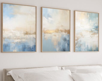 Ensemble de 3 oeuvres d'art murales abstraites chics côtières en bleu et or pour maison de plage contemporaine, galerie d'art, peinture de paysage marin, art nautique