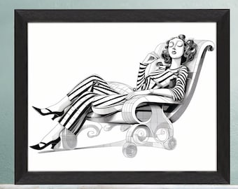 Fashionable Woman Monochrome Line Drawing Art Print, Female Lifestyle Poolside Vacation Beach House Wall Art, Modern Coastal Apartment Decor