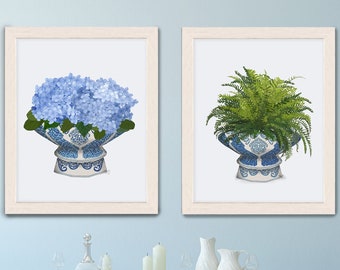 Chinoiserie wall art gallery set of 2 Chinese vases blue hydrangea art large framed house plant painting Asian inspired wall art canvas art
