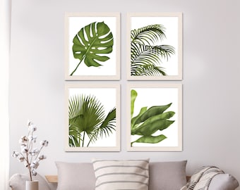 Tropical Prints - Tropical Leaves 1, Green on White - Beach house decor green room decor tropical artwork jungle print botanical painting