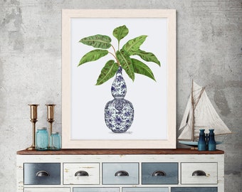 Oriental home decor - Chinoiserie Vase 1 With Plant - Blue and white Tropical plant Ginger jar art East Asian Modern decorative artwork gift