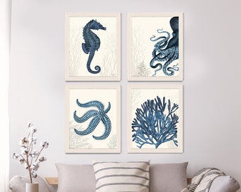 Nautical Bathroom wall art - Set of 4 blue nautical art prints - Blue Underwater 3 - Bathroom decor Bathroom humor Kid bathroom decor ocean