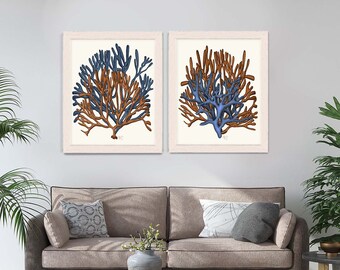 Set of 2 Blue and Orange Coral Prints - Nautical Print Art Print Beach House decor Beach Decor Nautical Wall Art Decor coral art digital