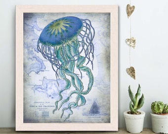 Nautical print - Jellyfish On image of Nautical Map - blue Jellyfish print blue Art Print blue bathroom print bedroom decor coastal wall art