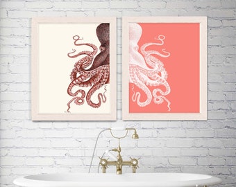 Octopus Prints Coral and Cream, Nautical Print bathroom prints bathroom Decor Nautical Decor Wall Art Beach House Decor Octopus Picture