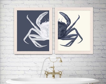 Indigo Blue Crab Prints - Set of 2 Crab art Nautical Art Prints Nautical Print Beach Decor bathroom Decor Nautical Decor Wall Beach House