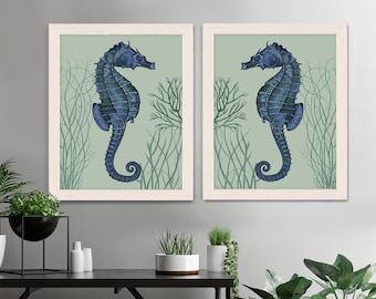 Seahorse Prints blue on pale green/sage Set of 2, Nautical Print Beach Decor bathroom Decor Beach House Decor Seahorse Illustration Painting