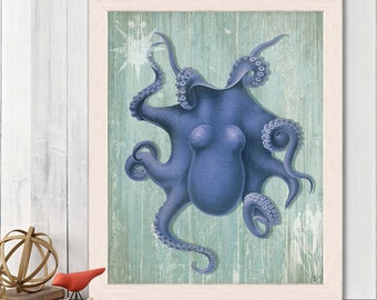 Arte del bagno - Octopus 4 Blue - Octopus Poster polpo arredamento stampa nautica Arte della parete del bagno arte della parete della casa sulla spiaggia Arte della parete con stampa costiera