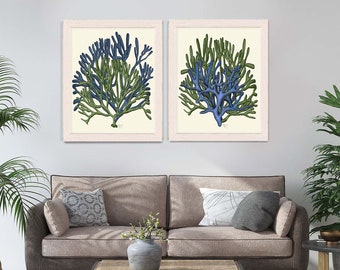 Koraalafdrukken - Set van 2 blauwe en groene koraalkunstafdrukken koraalstranddecor koraaldecor koraalhuisdecor decoratieve kunst blauwgroene kamerinrichting