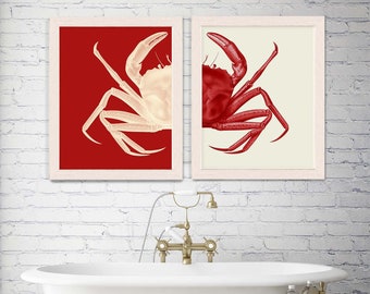 Crab Prints Red, Crab art Nautical Print Beach Decor bathroom Decor Nautical Decor Wall Art Beach House Decor Crab Picture red and cream