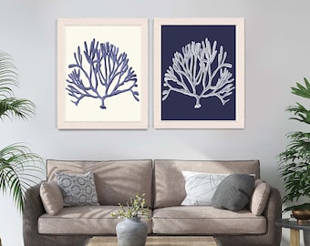 Sea Coral Prints - Set of 2 Blue and White Sea Coral art prints - coral illustration sea coral decor coral art coastal decor coastal prints