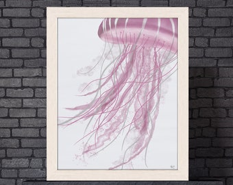 Jellyfish art, Nautical decor, pink Jellyfish print, pink art print, pink bathroom print, modern coastal home - Jellyfish drift in pink