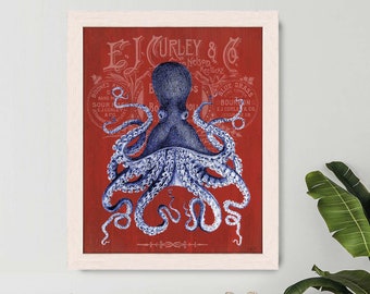 Octopus Print Prohibition on Red: Nautical print beach house decor nautical decor bathroom wall art coastal Kitchen art Octopus poster
