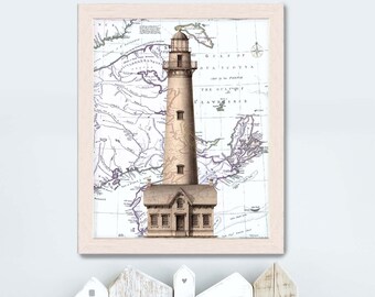 Nautical Gift - Lighthouse & Cottage on Nautical Map print Lighthouse print birthday gift for dad lighthouse painting lighthouse art coastal